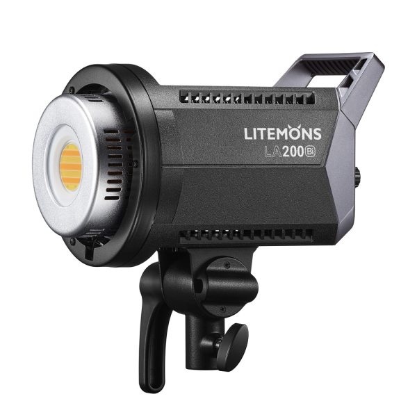 Godox Litemons LA200Bi Bi-color Duo Kit LED-valo sisältää mustan muotoilun, kahvan, kiinnitystelineen, pyöreän valonlähteen ja sivusaukot.