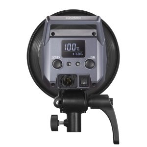 Lähikuva Godox Litemons LA200Bi Bi-color Duo Kit -LED-valo -valaisimen takapaneelista, jossa on digitaalinen näyttö 100 %:n kohdalla, ohjauspainikkeet, portit, säätönupit ja kiinnitystarvikkeet.