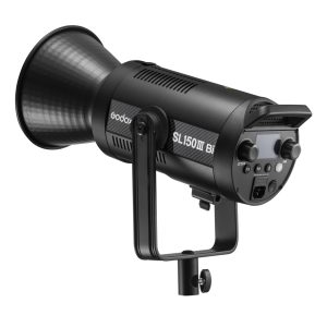 Godox SL150IIIBI LED video luminaire with large reflector, adjustable bracket, control panel and air vents, shown at a three-quarter angle on a white background.