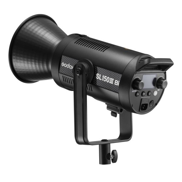Godox SL150IIIBI LED video luminaire with large reflector, adjustable bracket, control panel and air vents, shown at a three-quarter angle on a white background.