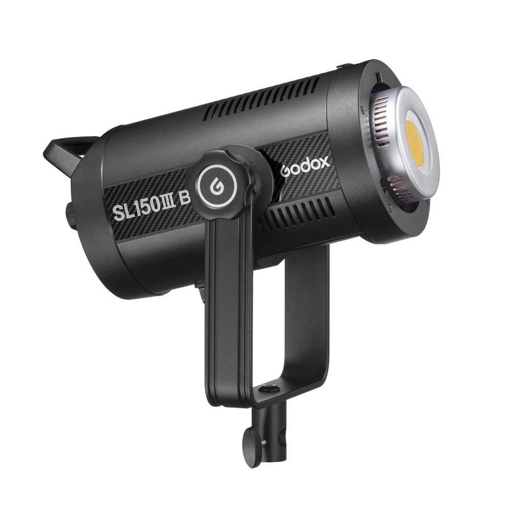 Godox SL150IIIBI LED video light - LED light, black, with cylindrical body, trigger button, visible LED bulb and adjustable stand, visible against a white background.