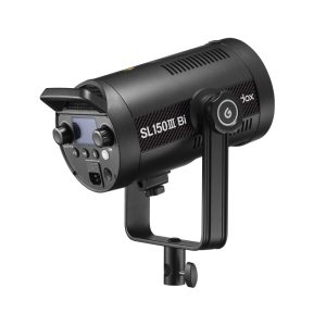 Godox SL150IIIBI LED video light -LED light in black with control buttons, LCD display and handle bracket, angled on a white background.