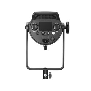 The Godox SL150IIIBI LED video light LED light has control buttons, display, control knobs and mounting bracket on the rear view, isolated on a white background.