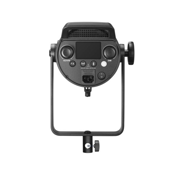 The Godox SL150IIIBI LED video light LED light has control buttons, display, control knobs and mounting bracket on the rear view, isolated on a white background.