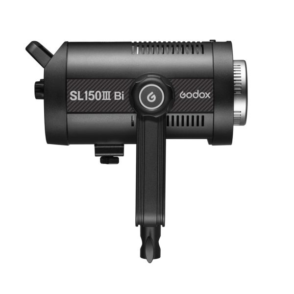 Godox SL150IIIBI LED video light - LED light in black with ventilation holes, control knob and mounting bracket, visible from the side on a white background.