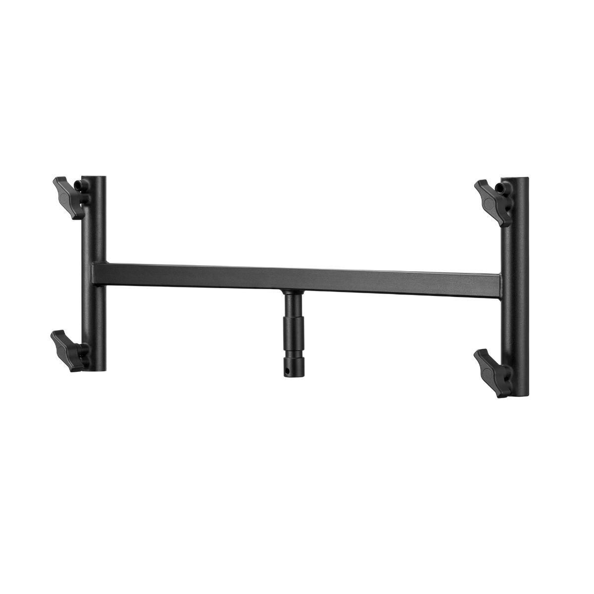 The Godox HJ04 Bracket for Four Light P600Bi Hard is a black adjustable wall bracket with four brackets and a horizontal bar connecting two vertical pieces, designed to hold equipment such as monitors or speakers securely.