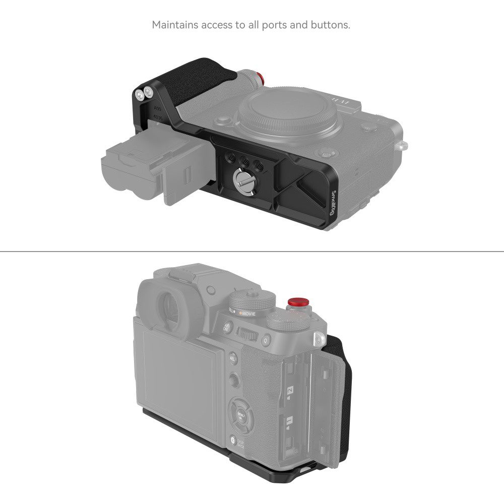 SmallRig 4260 L-muotoinen kahva Fujifilm X-T5:lle (musta) näkyy kahdesta kulmasta avoimen akkulokeron kanssa, jolloin sen suojahäkki, joka säilyttää pääsyn kaikkiin portteihin ja painikkeisiin, korostuu. Teksti yläpuolella lukee: Säilyttää pääsyn kaikkiin portteihin ja painikkeisiin.