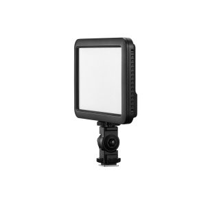Godox LDP8D Streaming Slim -paneelivalaisin on kompakti, suorakulmainen LED-videovalaisin, jossa on mattamusta runko säädettävällä kääntyvällä jalustalla, kuvassa eristettynä valkoisella pohjalla.