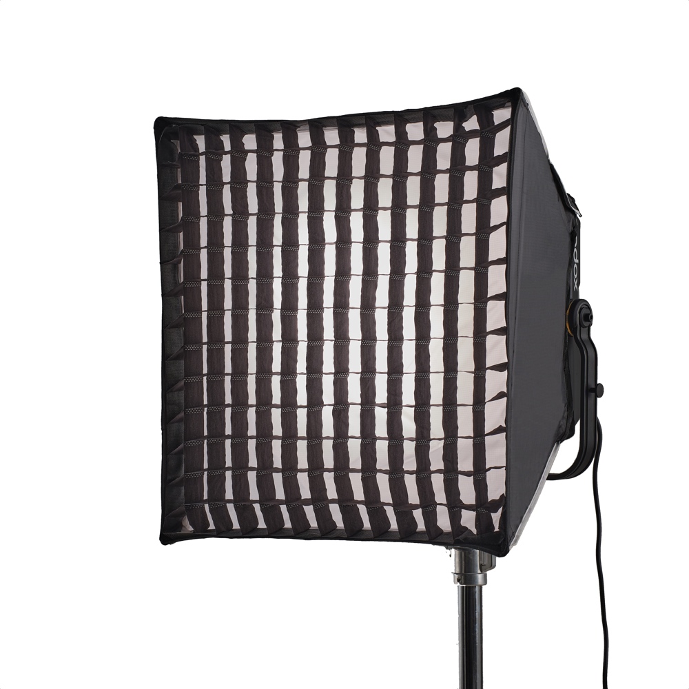 The Godox P600BHS22 Rectangle Grid Softbox studio light is mounted on a stand and features a black grid for controlled, focused lighting and reduced light spill. The power cord is visible on the right.