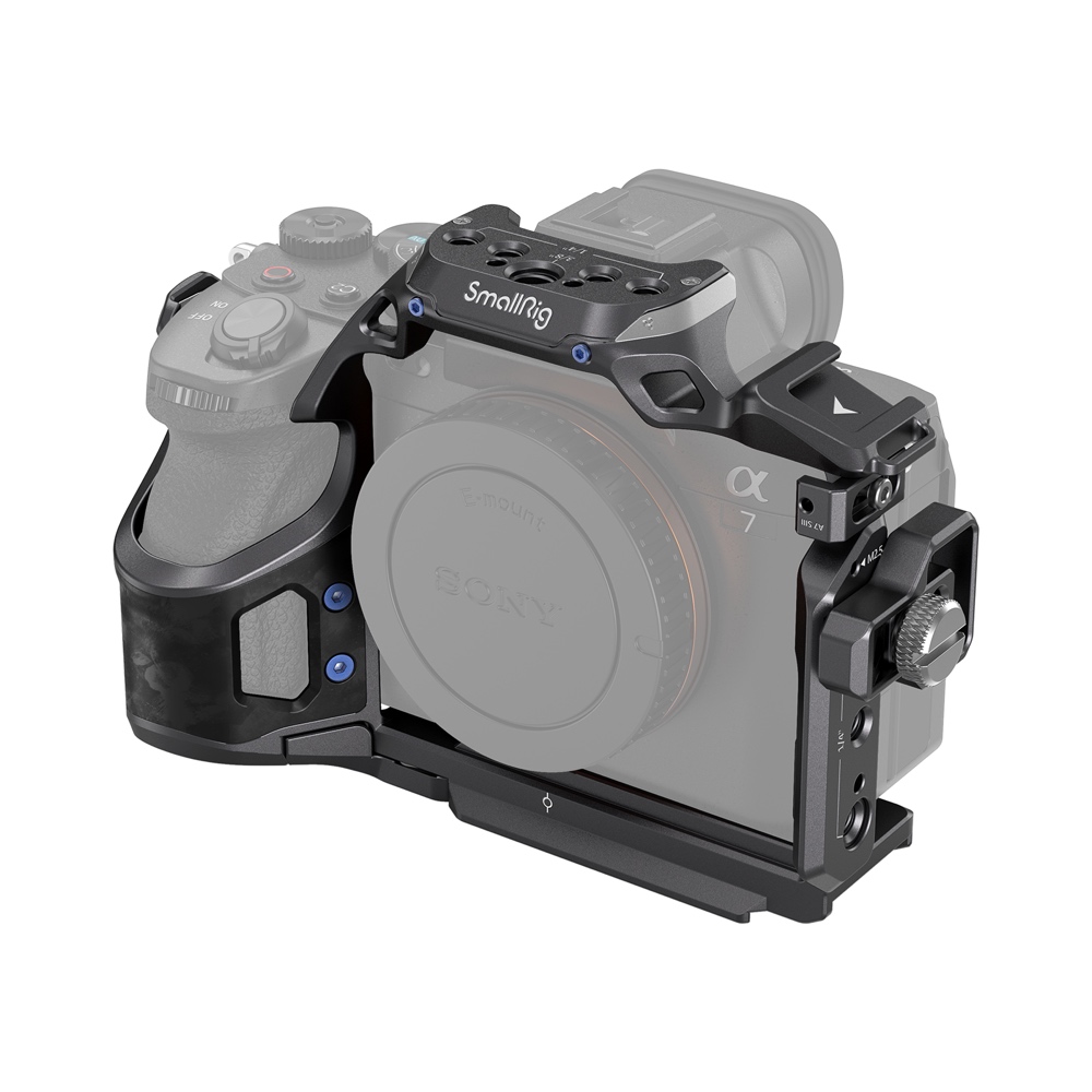 Sony Alpha camera in the metal SmallRig 4308 "Rhinoceros" Cage Kit for Sony A7R V/A7 IV/A7S III with multiple mounting points and textured handle, on a white background.