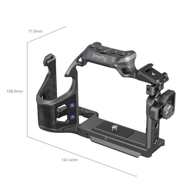 SmallRig 4308 "Rhinoceros" Cage Kit for Sony A7R V/A7 IV/A7S III is a black metal cage with multiple mounting points, ergonomic left handle and dimensions 71.0 mm (W) x 108.0 mm (L) x 161.4 mm (L).