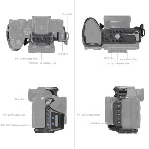 The SmallRig 4308 "Rhinoceros" Cage Kit for Sony A7R V/A7 IV/A7S III is shown from four angles, with labels indicating strap holes, cold shoe, threaded and locating holes, Arca-Swiss plate, QD connector and NATO rail.