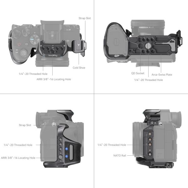The SmallRig 4308 "Rhinoceros" Cage Kit for Sony A7R V/A7 IV/A7S III is shown from four angles, with labels indicating strap holes, cold shoe, threaded and locating holes, Arca-Swiss plate, QD connector and NATO rail.