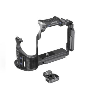 The SmallRig 4308 "Rhinoceros" Cage Kit for Sony A7R V / A7 IV / A7S III cameras includes a metal body with ergonomic handles, mounting points and a removable front mount.
