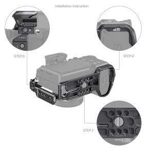 Diagram showing the SmallRig 4308 Cage Kit "Rhinoceros" for Sony A7R V / A7 IV / A7S III, three zooming steps: align the cage with the camera, attach the side screw and tighten the top screw for mounting.