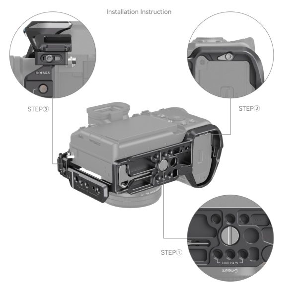 Diagram showing the SmallRig 4308 Cage Kit "Rhinoceros" for Sony A7R V / A7 IV / A7S III, three zooming steps: align the cage with the camera, attach the side screw and tighten the top screw for mounting.