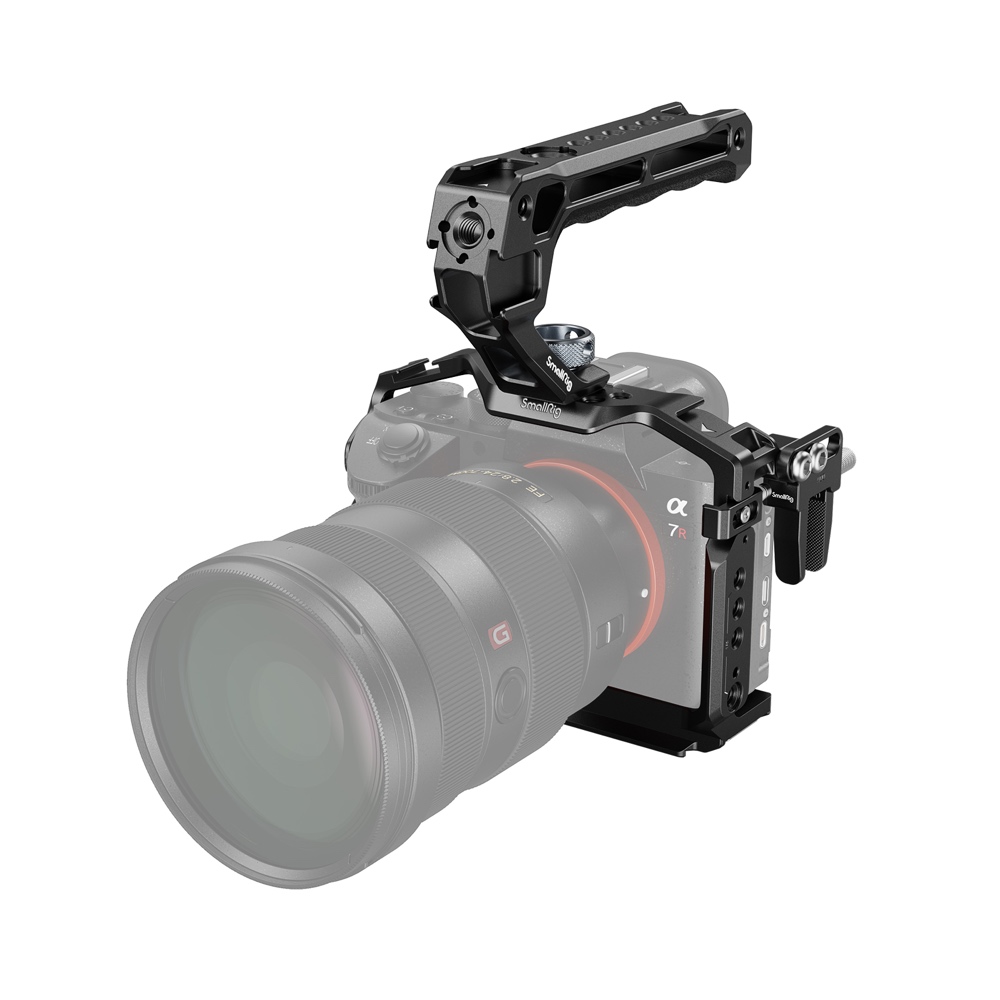 The SmallRig 4198 Cage Kit for Sony Alpha 7 III / Alpha 7R III includes a black metal cage with top handle that provides improved stability and versatile accessory mounting for professional mirrorless camera use.