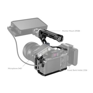 The SmallRig 4198 Cage Kit for Sony Alpha 7 III / Alpha 7R III includes a monitor on the top, a microphone on the left and a power supply holder on the right, each marked with a model number.