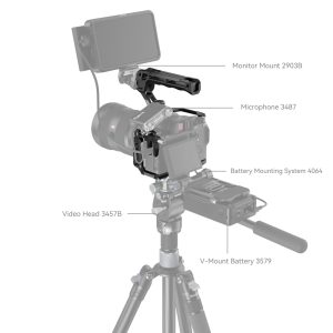 The SmallRig 4198 Cage Kit for Sony Alpha 7 III/7R III is shown on a stand with the components marked: monitor mount 2903B, microphone 3487, battery system 4064, video head 3457B and V-mount battery 3579.