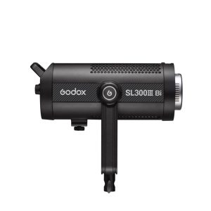 The black Godox SL300IIIBi Bi Color LED Light with cylindrical body, air vents, control knob and mounting bracket is displayed in a side profile against a white background.