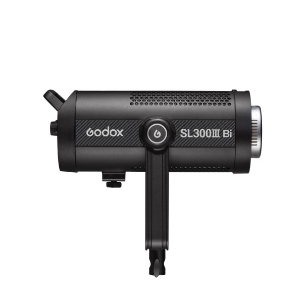 The black Godox SL300IIIBi Bi Color LED Light with cylindrical body, air vents, control knob and mounting bracket is displayed in a side profile against a white background.