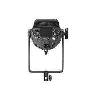 The Godox SL300IIIBi Bi Color LED light is visible from the rear, with buttons, display and control knobs on the control panel, mounted on a U-bracket against a white background.