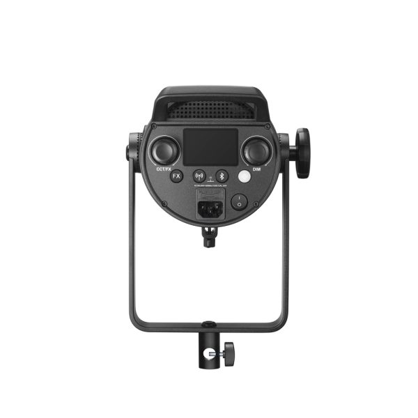 The Godox SL300IIIBi Bi Color LED light is visible from the rear, with buttons, display and control knobs on the control panel, mounted on a U-bracket against a white background.