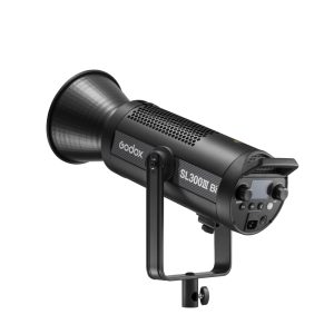 The Godox SL300IIIBi Bi Color LED Light in black, with barn door, control panel and mounting bracket, appears diagonal against a white background.