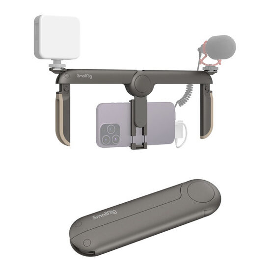 The SmallRig 4047 Fold P20 Mobile Pocket Video Rig features an LED light and external microphone mounted in a horizontal handle holder, and is pictured both in use and folded for storage.