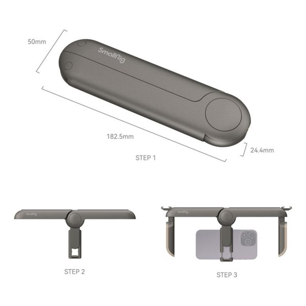 Kaavio SmallRig 4047 Fold P20 Mobile Pocket Video Rigistä: Vaihe 1 osoittaa sen kokoontaitetun koon; vaihe 2 kuvaa sitä osittain kokoontaitettuna; vaihe 3 kuvaa sitä täysin ulosvedettynä älypuhelimen kiinnittämiseksi.