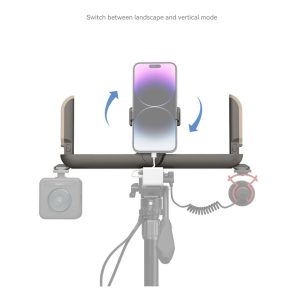 SmallRig 4047 Fold P20 Mobile Pocket Video Rig kiinnittää älypuhelimen pyörivään pidikkeeseen, jossa on jalustatuki, ja mahdollistaa helpon vaihtamisen maisema- ja muotokuvatilojen välillä; valinnaiset kamera- ja mikrofonilisävarusteet on esitetty harmaalla.