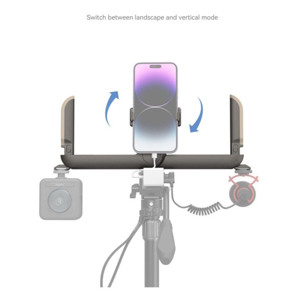 SmallRig 4047 Fold P20 Mobile Pocket Video Rig kiinnittää älypuhelimen pyörivään pidikkeeseen, jossa on jalustatuki, ja mahdollistaa helpon vaihtamisen maisema- ja muotokuvatilojen välillä; valinnaiset kamera- ja mikrofonilisävarusteet on esitetty harmaalla.
