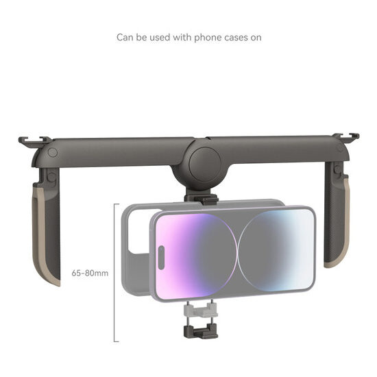 SmallRig 4047 Fold P20 Mobile Pocket Video Rig sisältää säädettävät kiinnikkeet (65-80 mm) älypuhelimen turvallista vaakasuoraa kiinnitystä varten, kun kotelo on päällä.