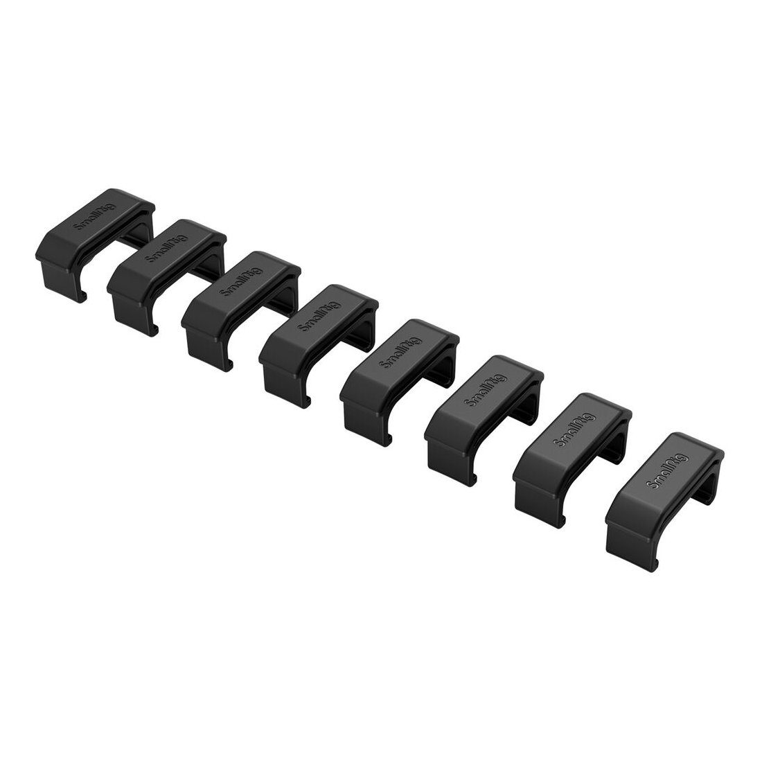 Kahdeksan samanlaista SmallRig 4302 AB Hard Stoppia on sijoitettu vinoriviin valkoisella pohjalla. Jokaisen yläpinnalla on merkintä "Cable Clip".