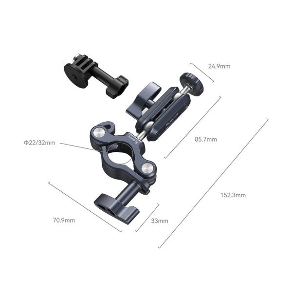 Blown-up image of SmallRig 4191 control rod mounting bracket for action cameras (black) with arm extension and bolt, marked: length 152.3 mm, arm 85.7 mm, base 70.9 mm, bracket 33 mm, bolt 24.9 mm and bracket diameter 22/32 mm.