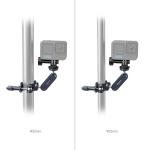 In the side-by-side images, the SmallRig 4191 Handlebar Mounting Clamp for Action Cameras attaches to 32mm and 22mm diameter poles, demonstrating its adjustability and versatility.