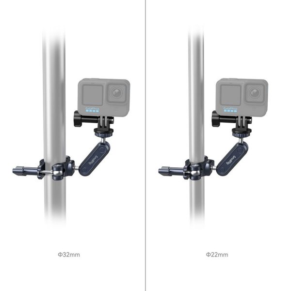In the side-by-side images, the SmallRig 4191 Handlebar Mounting Clamp for Action Cameras attaches to 32mm and 22mm diameter poles, demonstrating its adjustability and versatility.