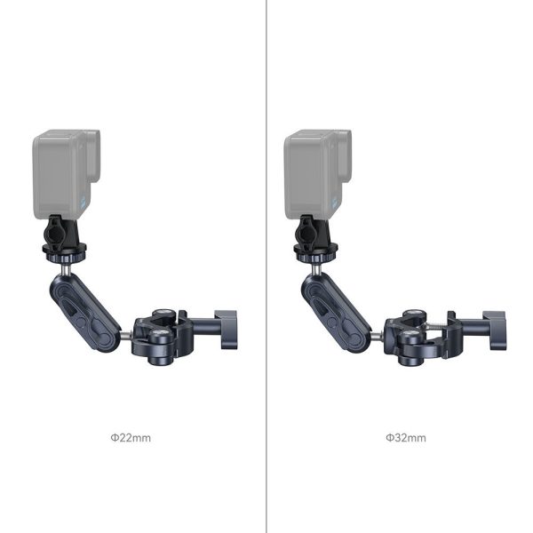 The two adjacent pictures show the SmallRig 4191 Handlebar Mounting Clamp for Action Cameras, which has a camera with adjustable arm bars. The left picture shows a 22 mm base diameter and the right picture shows a 32 mm base diameter.