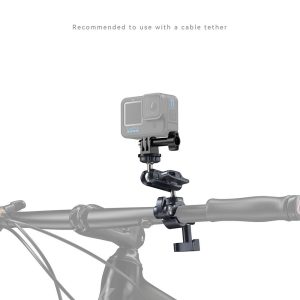 The SmallRig 4191 Handlebar Mounting Clamp holds the action camera securely on the handlebar of the bicycle. The text above reads: "Recommended for use with a cable strap.