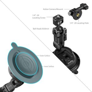 Kaavio SmallRig 4275 Portable Suction Cup Mount Support Kit for Action Cameras/Mobile Phones SC-1K, jossa on toimintakameran kiinnike, 1/4-20 ruuvi, paikoitusreikä, pallonivel ja imukuppipinnat (ulkoinen/sisäinen).