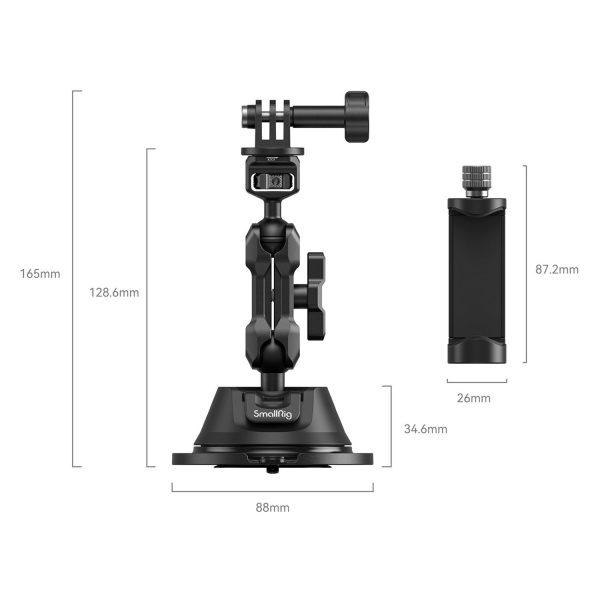 SmallRig 4275 Portable Suction Cup Mount Support Kit (SC-1K) for Action Cameras/Mobile Phones on esitetty koottuna ja purettuna, ja siinä on merkitty mitat: 165 mm korkeus, 88 mm pohjan leveys ja 87,2 mm irrotettava osa.