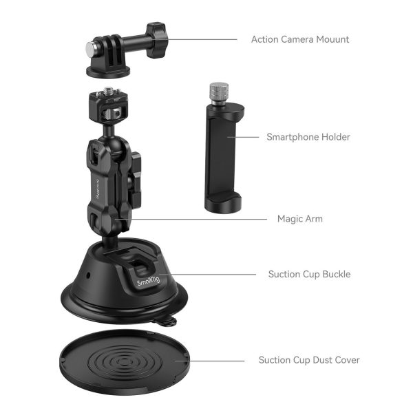 SmallRig 4275 Portable Suction Cup Mount Support Kit for Action Cameras/Mobile Phones SC-1K:n räjähdysnäkymä, jossa näkyvät merkityt osat: action-kameran kiinnike, älypuhelimen pidike, magic arm, imukuppisolki ja pölysuojus pystysuorassa.