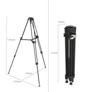 SmallRig 4164 FreeBlazer Heavy Duty Aluminum Alloy Tripod AD 80 on esitetty täysin ulosvedettynä 1795 mm korkeana ja 1070 mm leveänä ja kokoontaitettuna 795 mm korkeana ja 160 mm leveänä, ja molemmat mitat on merkitty selvästi.
