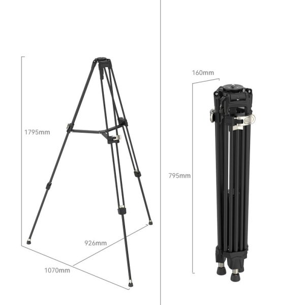 SmallRig 4164 FreeBlazer Heavy Duty Aluminum Alloy Tripod AD 80 on esitetty täysin ulosvedettynä 1795 mm korkeana ja 1070 mm leveänä ja kokoontaitettuna 795 mm korkeana ja 160 mm leveänä, ja molemmat mitat on merkitty selvästi.