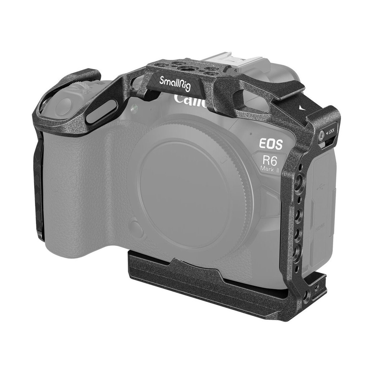 SmallRig 4161 Black Mamba -kamerahäkki Canon EOS R6 Mark II -kameralle kiinnitetään kameraan, mikä tarjoaa lisää kiinnityspisteitä ja suojaa, mutta kaikki säätimet pysyvät saatavilla.