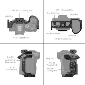 Kaavio SmallRig 4161 Black Mamba -kamerahäkistä Canon EOS R6 Mark II:lle, jossa näkyvät merkityt ominaisuudet: ARRI 3/8"-16 -paikannusreikä, kylmäkenkä, Arca-Swiss-levy, hihna-aukko, QD-pistorasia, kierrereiät ja kaksoispääavain eri kulmista.