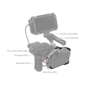 Merkitty kaavio SmallRig 4161 Black Mamba -kamerahäkistä Canon EOS R6 Mark II:lle, jossa korostuvat näytön kiinnike 2903B, yläkahva 3765, virtalähteiden pidike 2336, mikrofoni 3487, sivukahva 4016 ja kaapelikiinnike 4272.