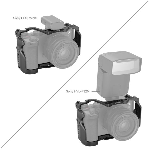 Kuvassa on kaksi Sony Alpha 7C II / Alpha 7CR -kameraa SmallRig 4422 Cage Kitissä: toisessa on pieni Sony ECM-W2BT -mikrofoni päällä, toisessa on suurempi Sony HVL-F32M -ulkoinen salama. Molemmat lisävarusteet on merkitty.