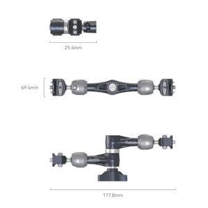 The SmallRig 4194 Rosette Arm (7") is shown from three angles and features swivel joints with dimensions marked 25.4 mm, 69.4 mm and 177.8 mm. This metal adjustable arm serves as a versatile mounting accessory for cameras or other equipment.