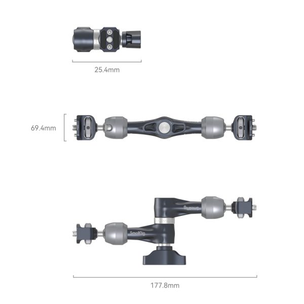 The SmallRig 4194 Rosette Arm (7") is shown from three angles and features swivel joints with dimensions marked 25.4 mm, 69.4 mm and 177.8 mm. This metal adjustable arm serves as a versatile mounting accessory for cameras or other equipment.